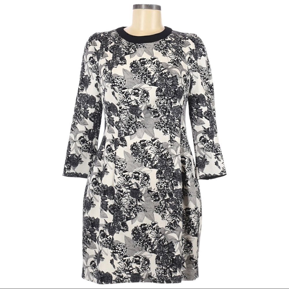 McGinn Floral Jacquard Sheath Dress 6 Black White 3/4 Sleeve Career Cocktail